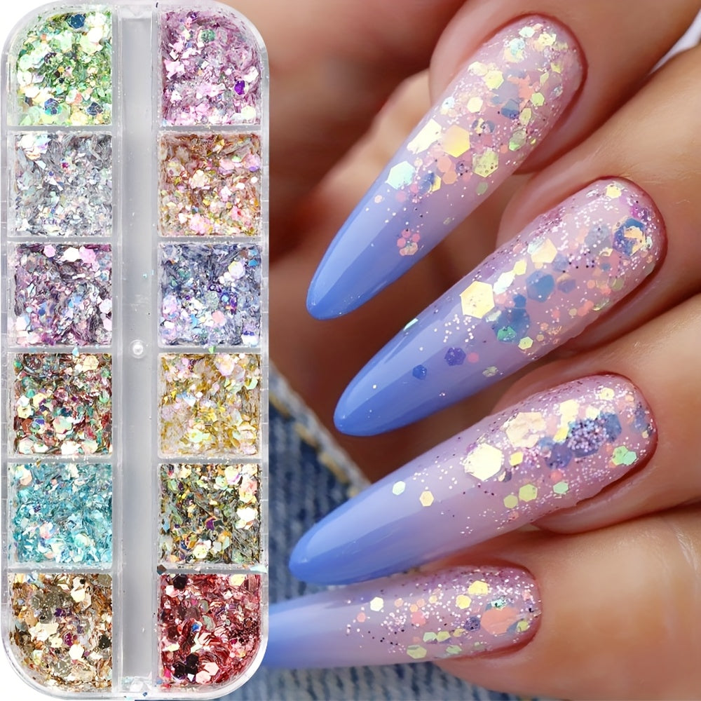 1 Box Holographic Hexagon Iridescent Nail Glitter Sequins - Mermaid Flakes Powder for Y2K Wedding Nail Art, Shiny Sparkly Sheets for Creative Manicures, Multi-Dimensional Colors (Pink, Blue, Green, Golden, Purple), Party Nail
